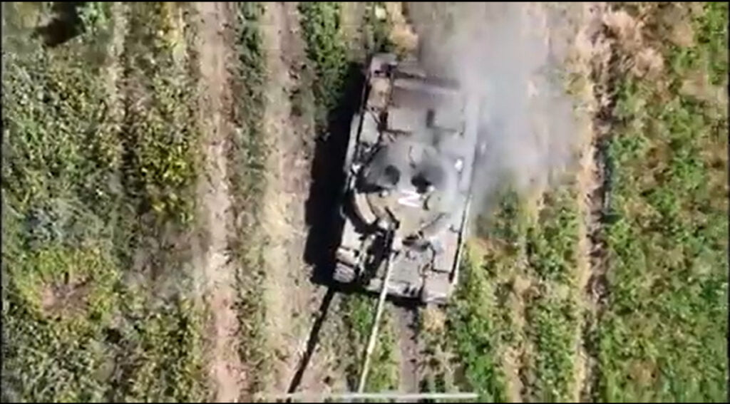 Russian T-62M tank taken out by grenade dropped from drone