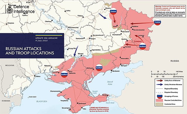 The map below is the latest Defence Intelligence update on the situation in Ukraine - 11 July 2022