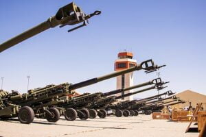 USMC M777 howitzers awaiting loading at March Air Reserve Base for transport to Ukraine