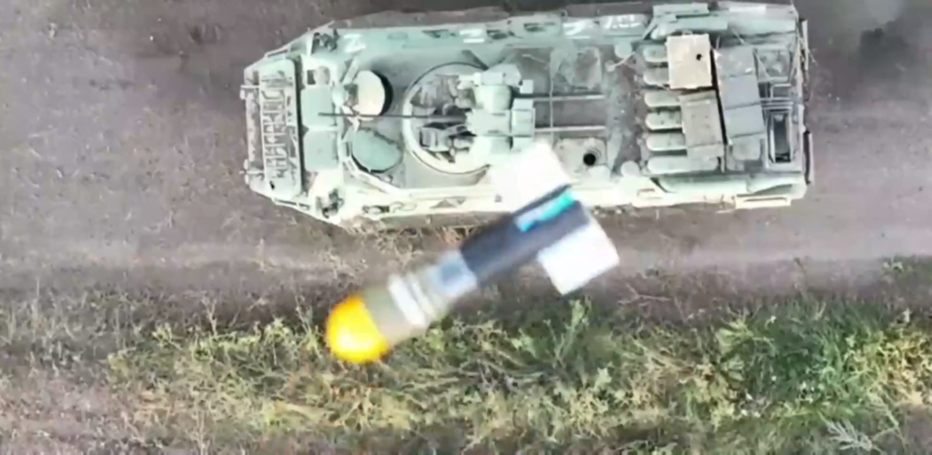 A Russian BTR-82A armored personnel carrier was destroyed by the Security Service of Ukraine using commercial drones armed with improvised munitions based on M430A1 40x53mm HEDP grenades.