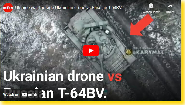 ukraine drone versus russian t64b t-64 tank bomb drop