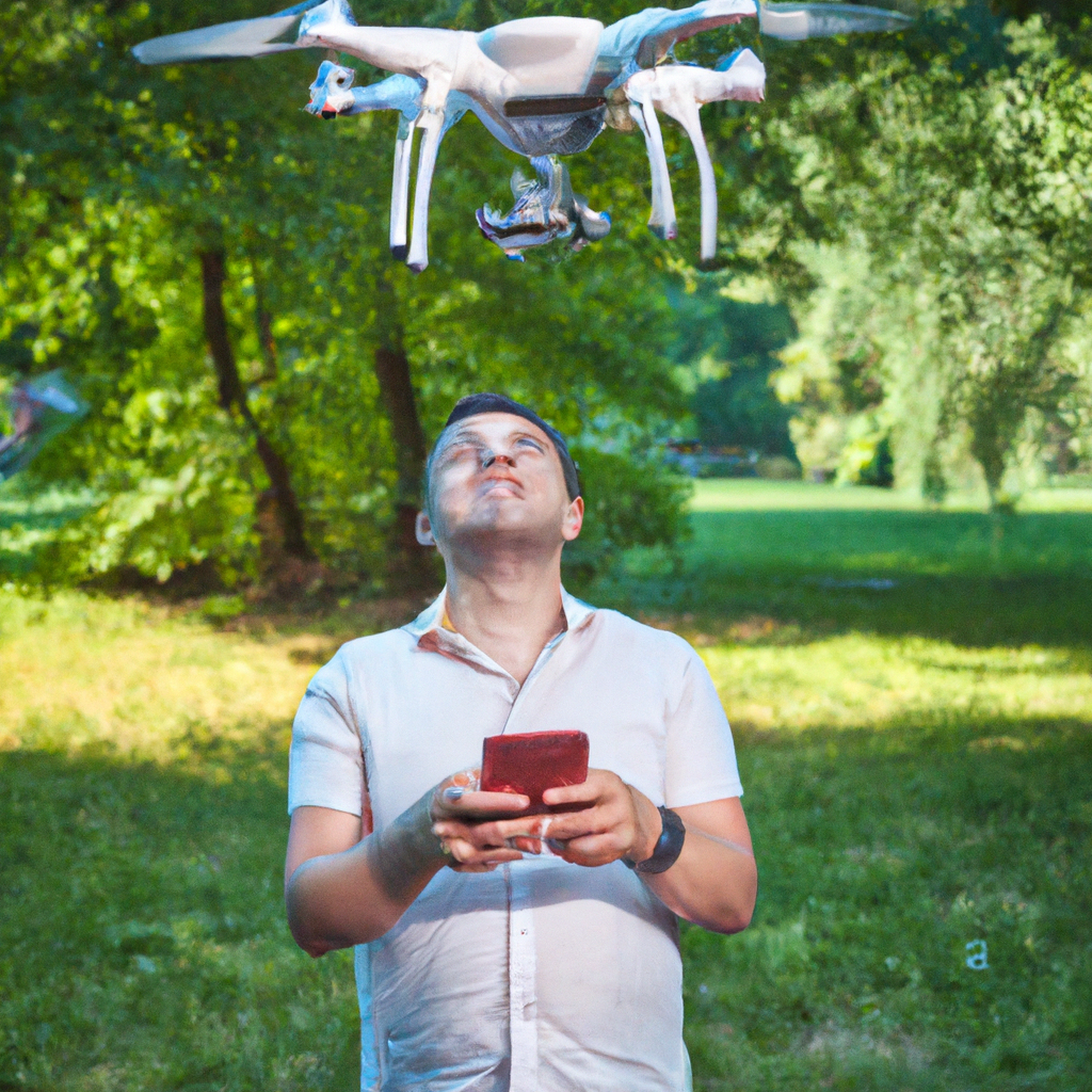 Man holding a smartphone while a drone hovers over his head, standing in a park