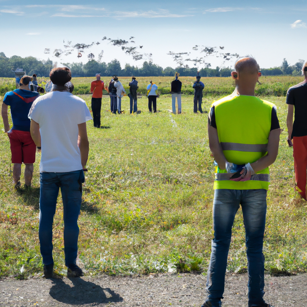 dozens of drone pilots standing in front of a field where dozens of drones are flying around doing aerobatics on a sunny day