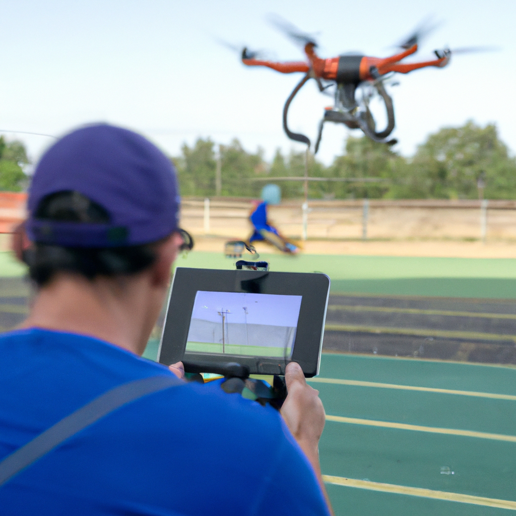 drone with camera on a gimbal flying over a sporting event while the drone pilot watches on a tablet screen showing video footage from the drone camera