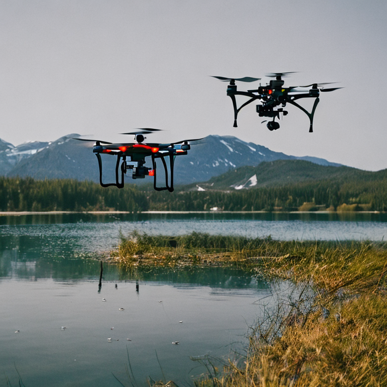 two quadcopter drones flying over a lake with mountains in the background