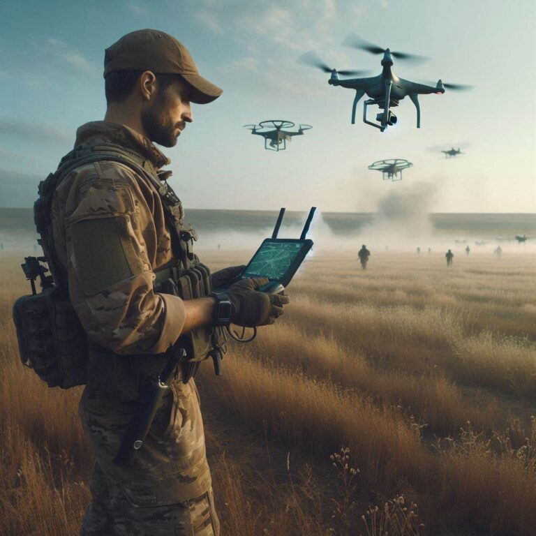 Photograph. A grassy field in a barren landscape. Midfield, a man wearing light brown and green camouflage fatigues, holding a drone remote control with a tablet as the display screen. Off in the distance in the sky there are several remotely operated vehicles flying around. There is smoke and fog.. ultra high resolution, sharp, crisp details